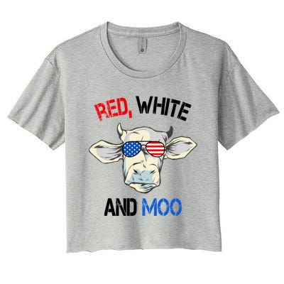 Red White Moo Usa American Cow Patriotic 4th Of July Gift Women's Crop Top Tee