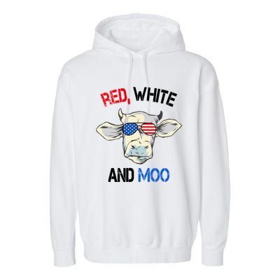 Red White Moo Usa American Cow Patriotic 4th Of July Gift Garment-Dyed Fleece Hoodie