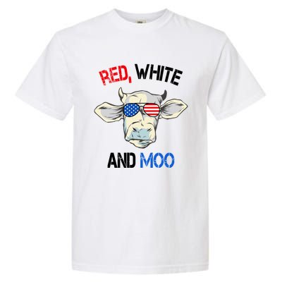 Red White Moo Usa American Cow Patriotic 4th Of July Gift Garment-Dyed Heavyweight T-Shirt