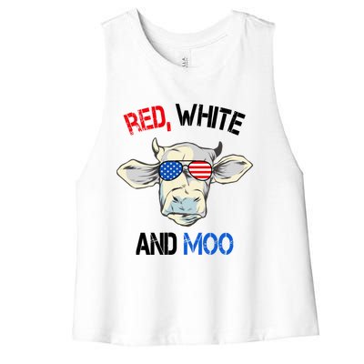 Red White Moo Usa American Cow Patriotic 4th Of July Gift Women's Racerback Cropped Tank