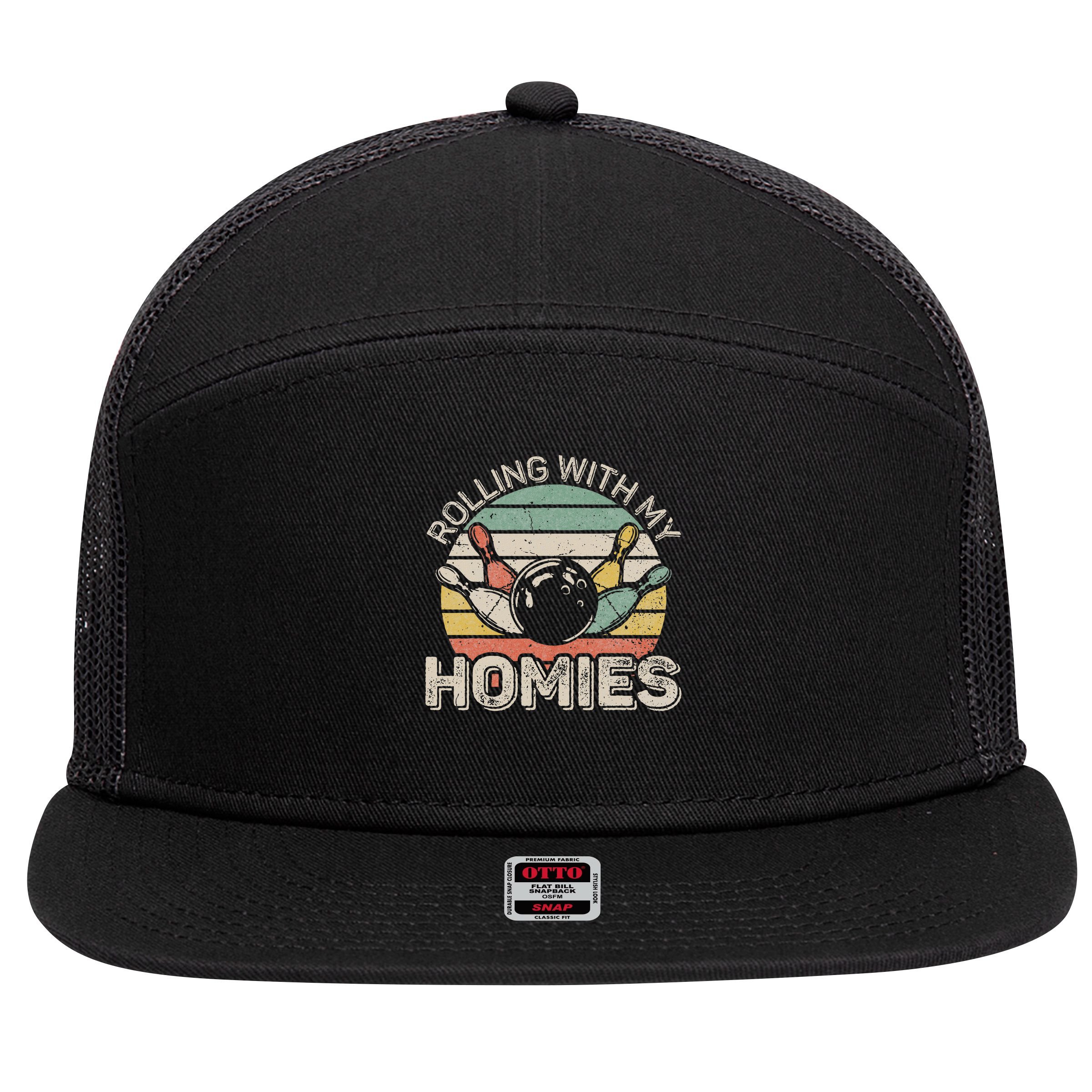 Rolling With My Homies Retro Bowling Bowler Team Funny 7 Panel Mesh Trucker Snapback Hat