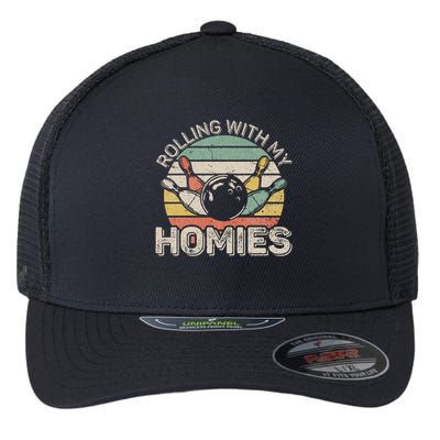 Rolling With My Homies Retro Bowling Bowler Team Funny Flexfit Unipanel Trucker Cap