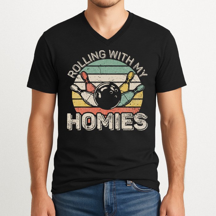 Rolling With My Homies Retro Bowling Bowler Team Funny V-Neck T-Shirt