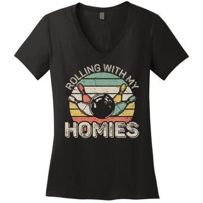 Rolling With My Homies Retro Bowling Bowler Team Funny Women's V-Neck T-Shirt