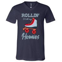 ROLLIN WITH MY HOMIES Roller Skating Roller Girl Skate V-Neck T-Shirt