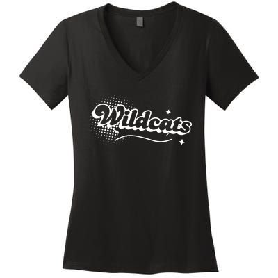 Retro Wildcats Mascot Back To School Spirit Sport Fans Game Women's V-Neck T-Shirt