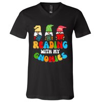 Reading With My Gnomies Funny Gnomes Book Lover V-Neck T-Shirt