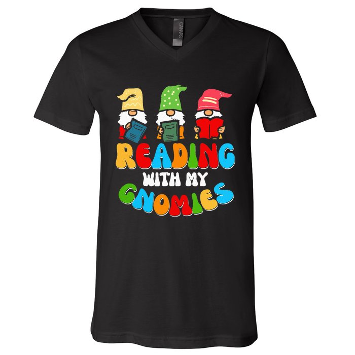 Reading With My Gnomies Funny Gnomes Book Lover V-Neck T-Shirt