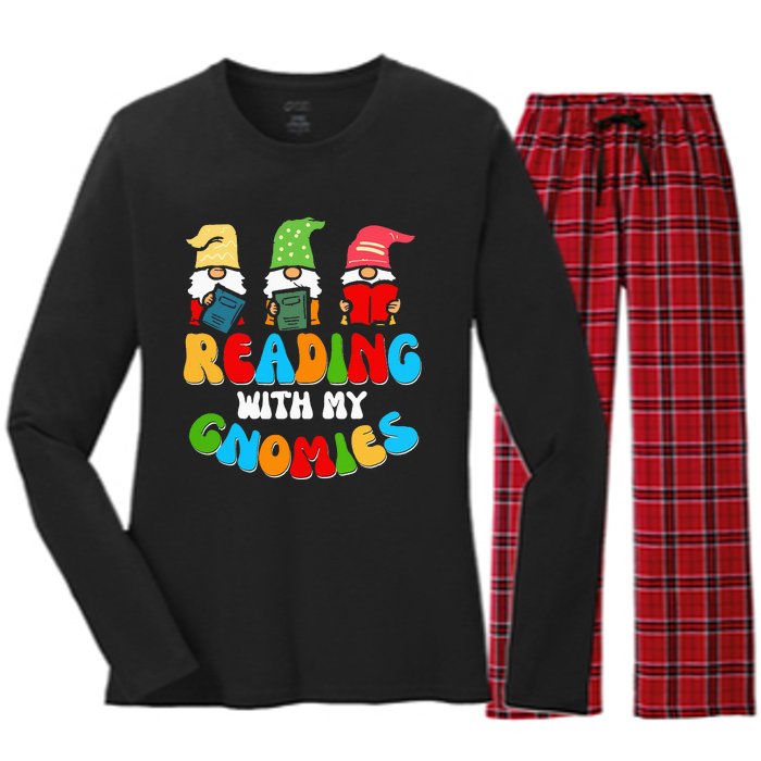 Reading With My Gnomies Funny Gnomes Book Lover Women's Long Sleeve Flannel Pajama Set 