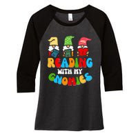 Reading With My Gnomies Funny Gnomes Book Lover Women's Tri-Blend 3/4-Sleeve Raglan Shirt