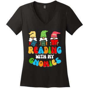 Reading With My Gnomies Funny Gnomes Book Lover Women's V-Neck T-Shirt