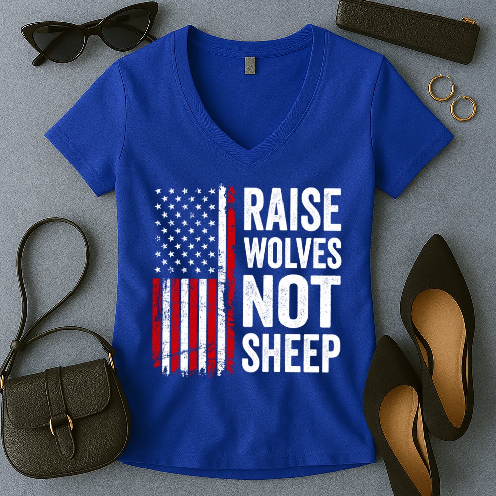 Raise Wolves Not Sheep Gift American Patriotic Usa Flag (Back) Gift Women's V-Neck T-Shirt