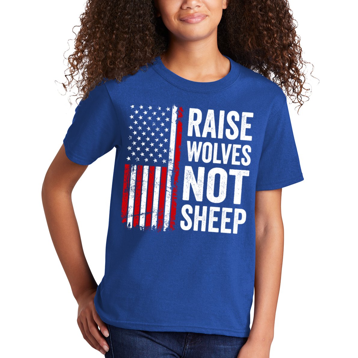 Raise Wolves Not Sheep Gift American Patriotic Usa Flag (Back) Gift Kids T-Shirt