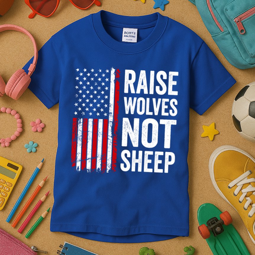 Raise Wolves Not Sheep Gift American Patriotic Usa Flag (Back) Gift Kids T-Shirt