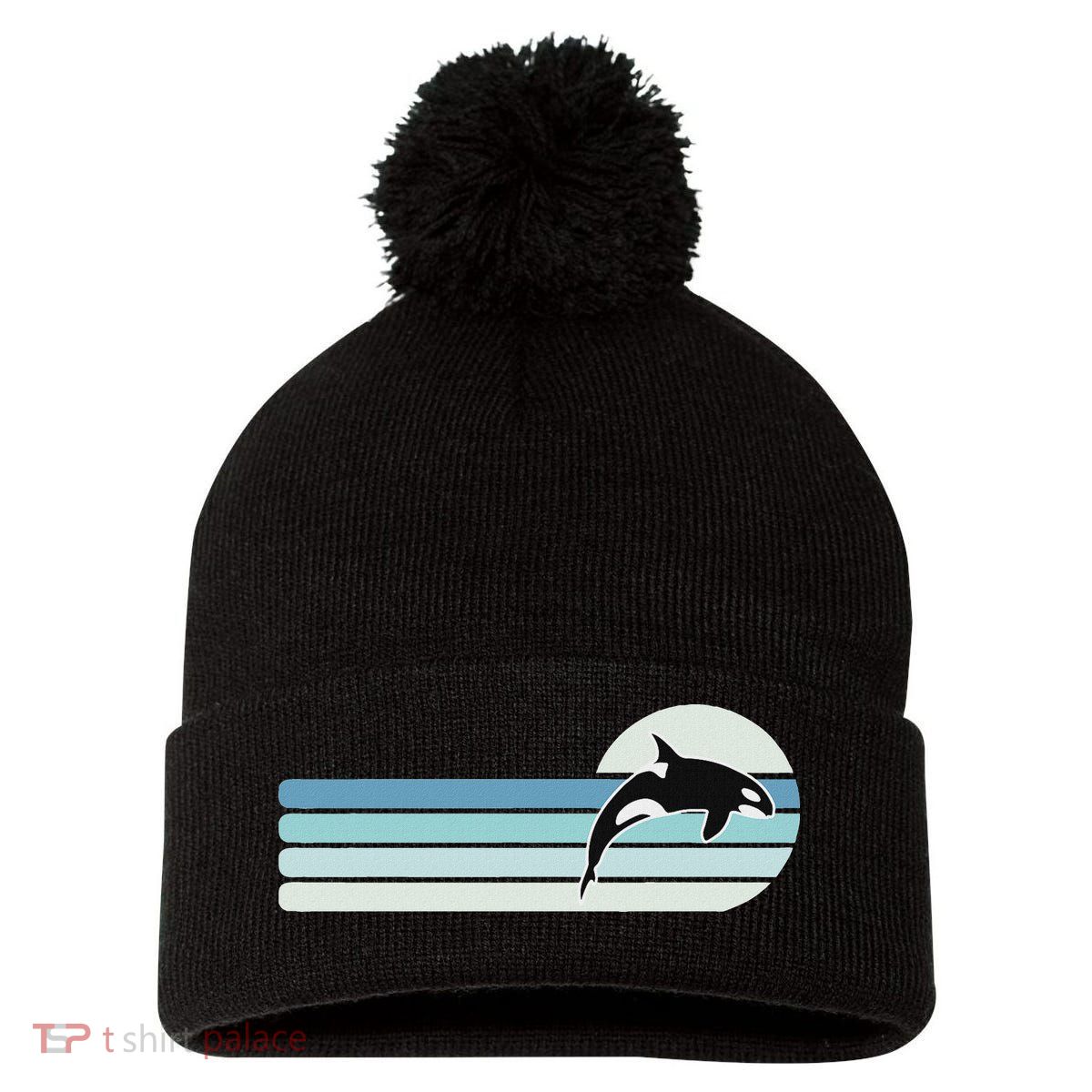 Retro Whale Orca Pom Pom 12in Knit Beanie
