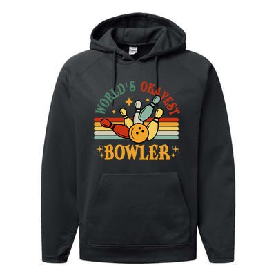 Retro Worlds Okayest Bowler Funny Men Women Mom Kids Bowling Performance Fleece Hoodie