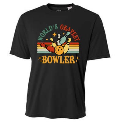 Retro Worlds Okayest Bowler Funny Men Women Mom Kids Bowling Cooling Performance Crew T-Shirt