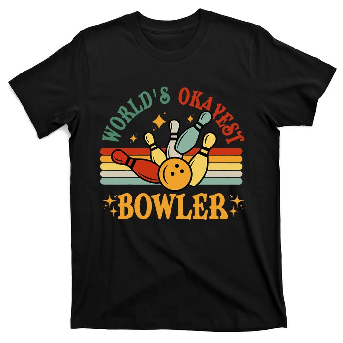 Retro Worlds Okayest Bowler Funny Men Women Mom Kids Bowling T-Shirt