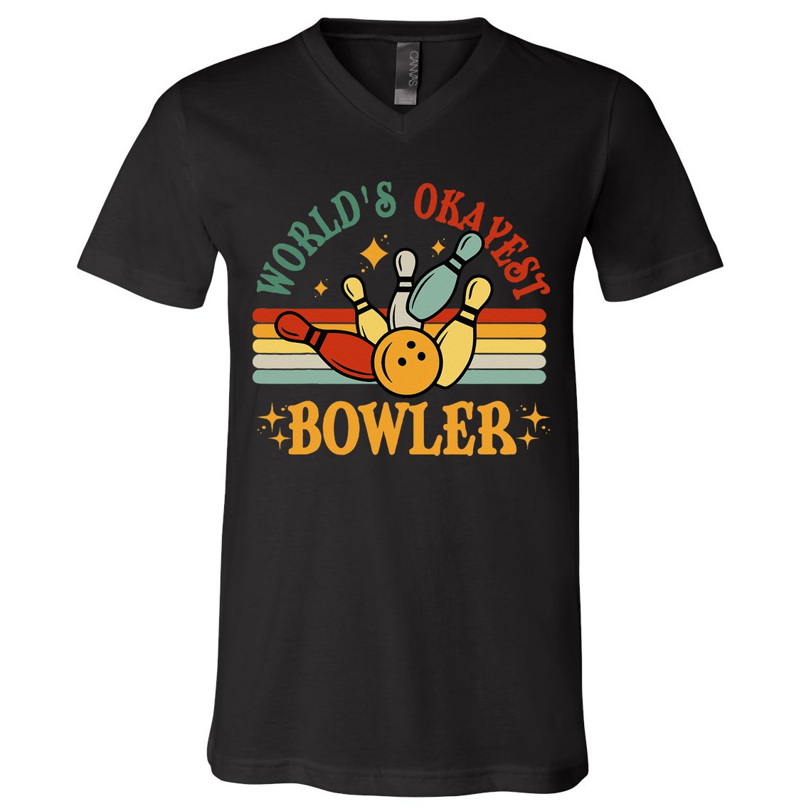 Retro Worlds Okayest Bowler Funny Men Women Mom Kids Bowling V-Neck T-Shirt