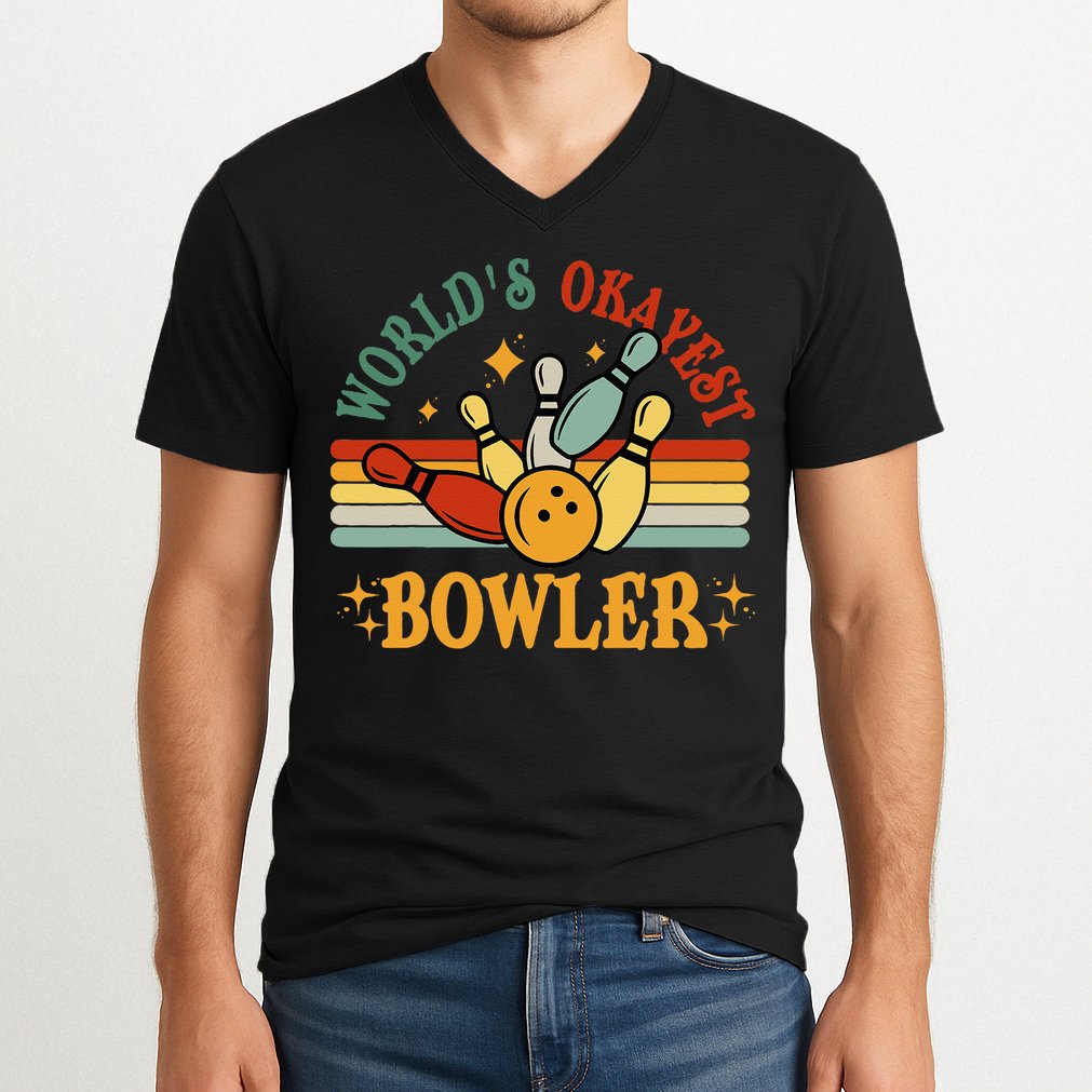 Retro Worlds Okayest Bowler Funny Men Women Mom Kids Bowling V-Neck T-Shirt
