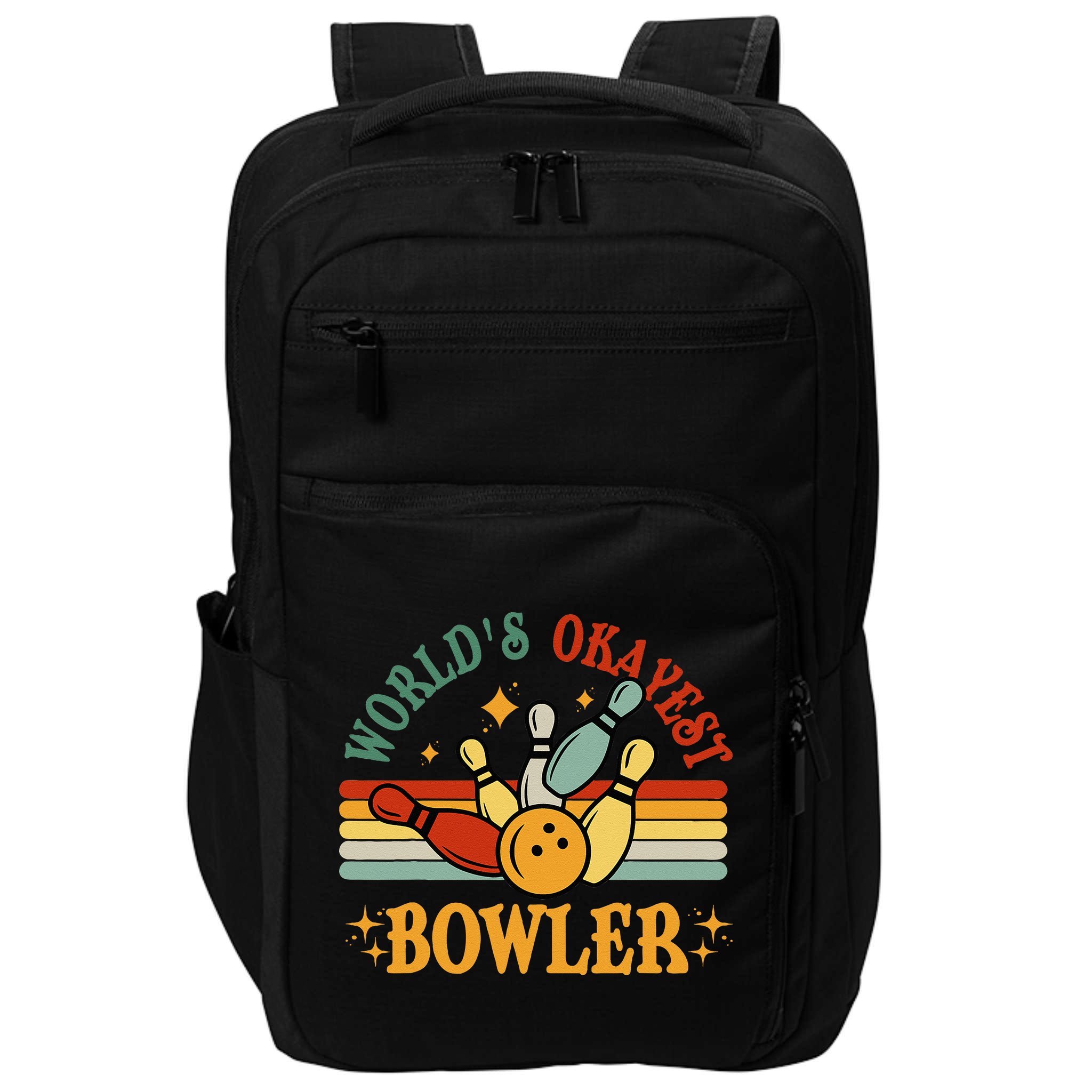 Retro Worlds Okayest Bowler Funny Men Women Mom Kids Bowling Impact Tech Backpack