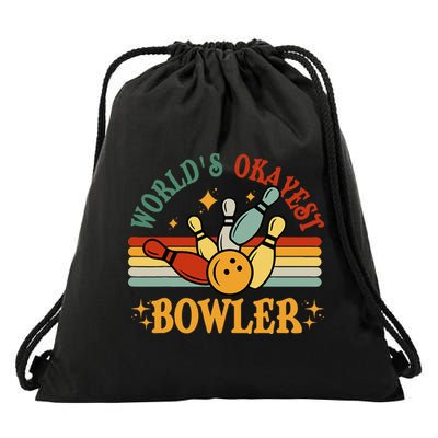 Retro Worlds Okayest Bowler Funny Men Women Mom Kids Bowling Drawstring Bag