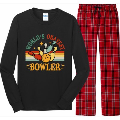 Retro Worlds Okayest Bowler Funny Men Women Mom Kids Bowling Long Sleeve Pajama Set