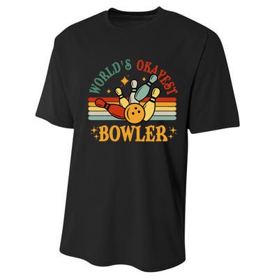 Retro Worlds Okayest Bowler Funny Men Women Mom Kids Bowling Performance Sprint T-Shirt