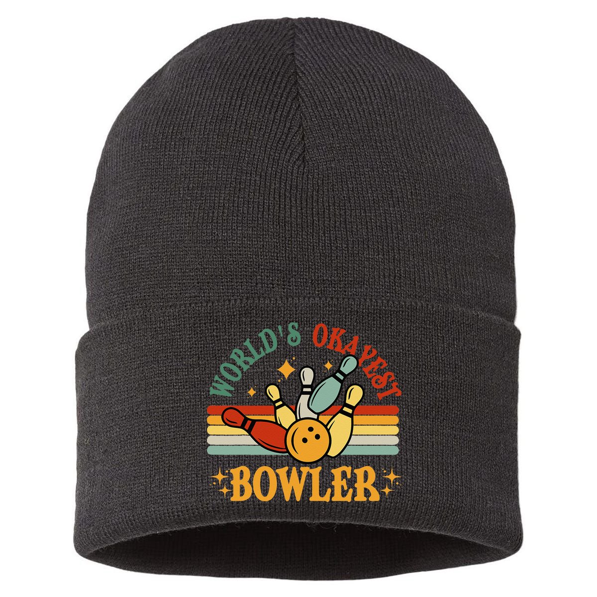 Retro Worlds Okayest Bowler Funny Men Women Mom Kids Bowling Sustainable Knit Beanie
