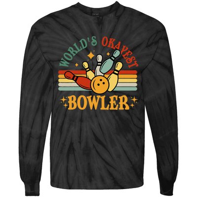 Retro Worlds Okayest Bowler Funny Men Women Mom Kids Bowling Tie-Dye Long Sleeve Shirt