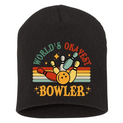 Retro Worlds Okayest Bowler Funny Men Women Mom Kids Bowling Short Acrylic Beanie
