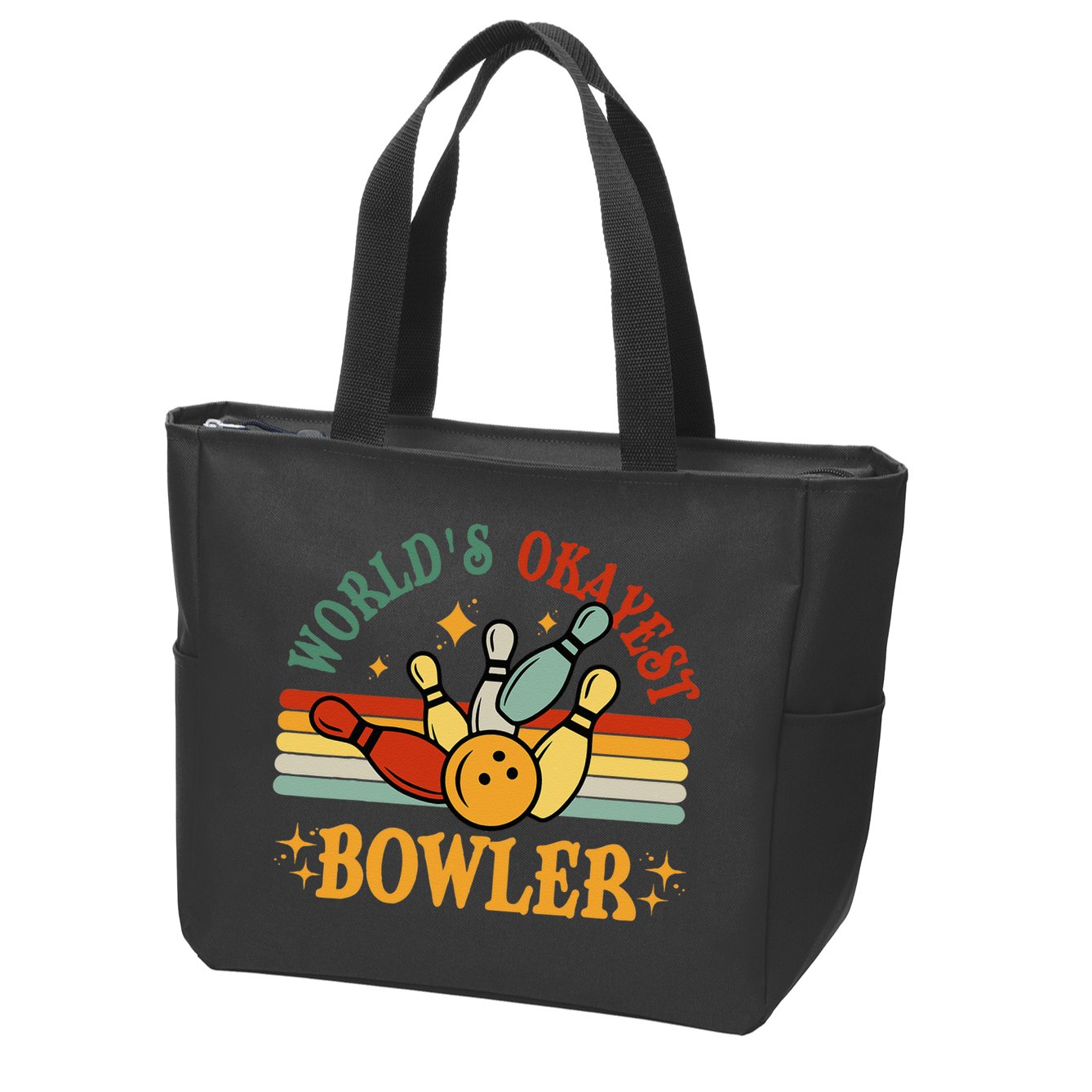 Retro Worlds Okayest Bowler Funny Men Women Mom Kids Bowling Zip Tote Bag
