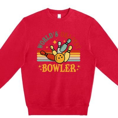 Retro Worlds Okayest Bowler Funny Men Women Mom Kids Bowling Premium Crewneck Sweatshirt