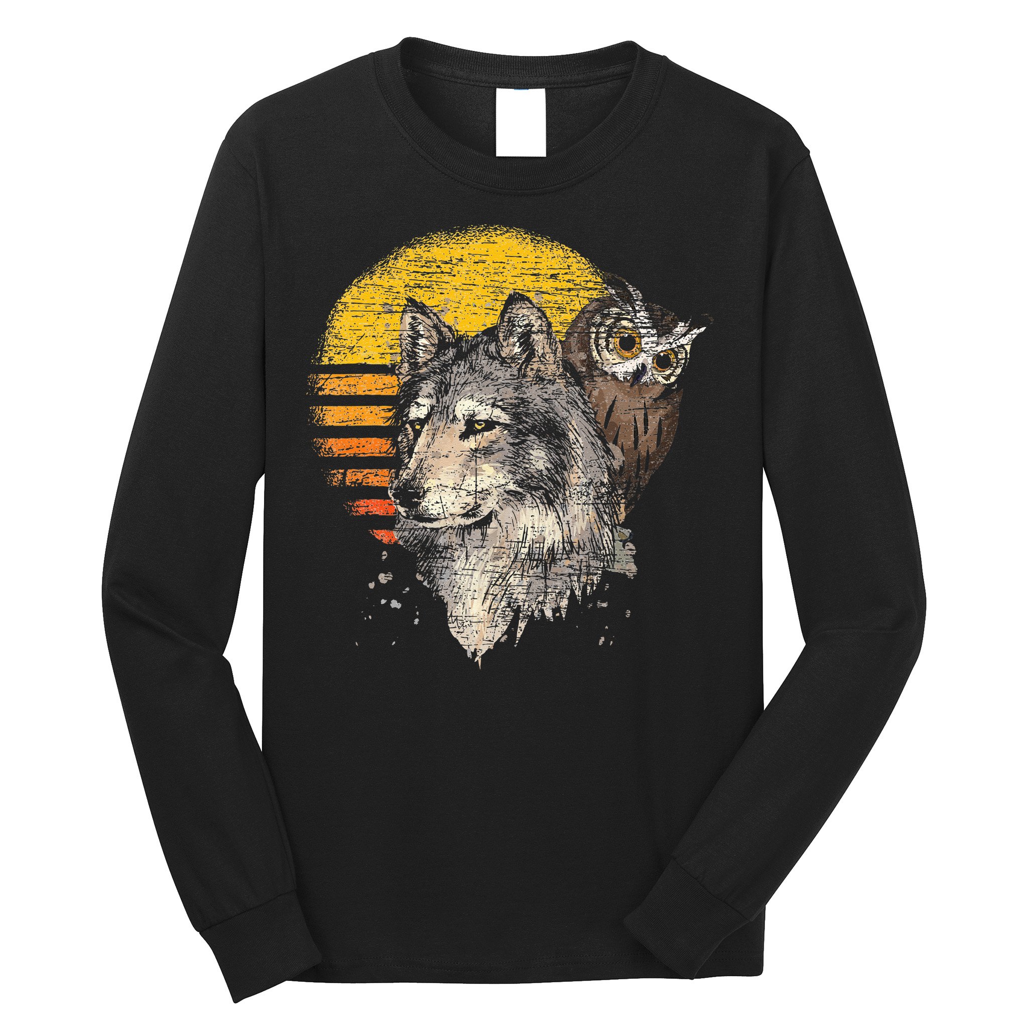 Retro Wolf Owl Long Sleeve Shirt