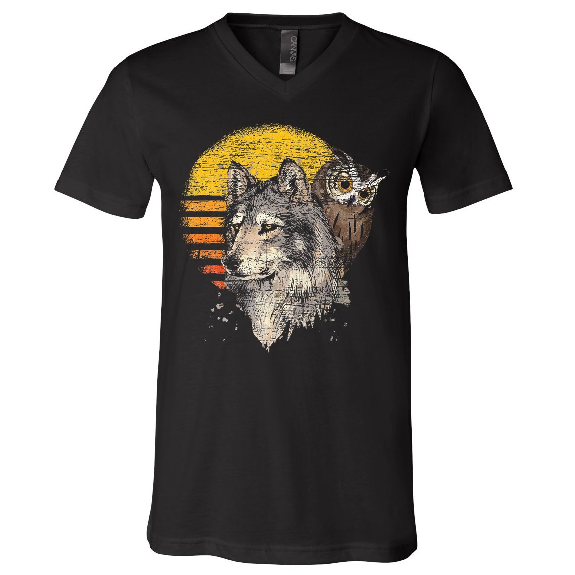Retro Wolf Owl V-Neck T-Shirt