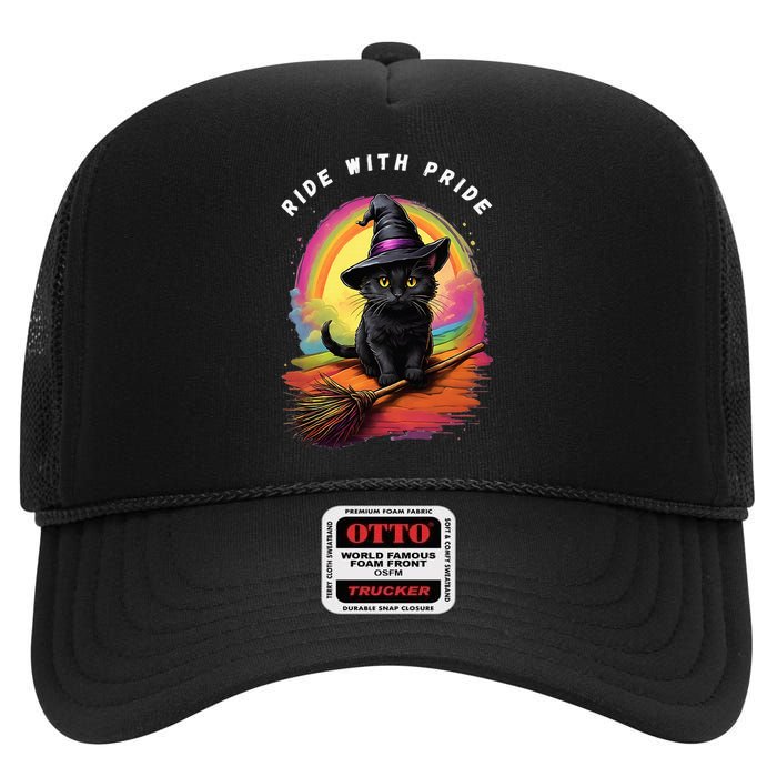 Ride With Pride Queer Witchy Lgbt Rainbow Cat Meme Halloween High Crown Mesh Back Trucker Hat