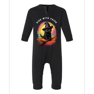 Ride With Pride Queer Witchy Lgbt Rainbow Cat Meme Halloween Infant Fleece One Piece