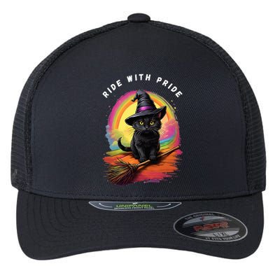 Ride With Pride Queer Witchy Lgbt Rainbow Cat Meme Halloween Flexfit Unipanel Trucker Cap