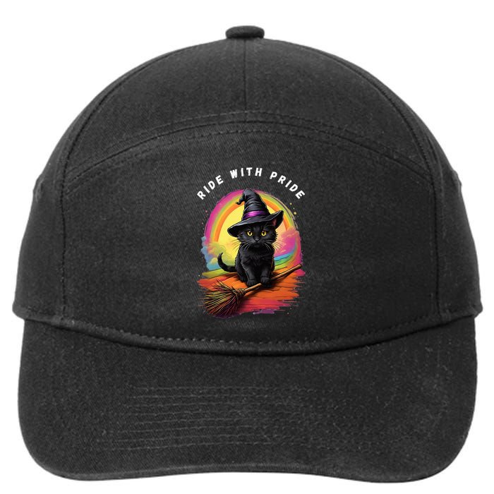 Ride With Pride Queer Witchy Lgbt Rainbow Cat Meme Halloween 7-Panel Snapback Hat