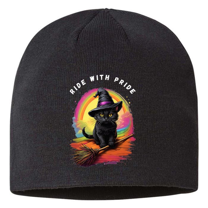 Ride With Pride Queer Witchy Lgbt Rainbow Cat Meme Halloween Sustainable Beanie