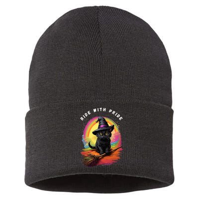 Ride With Pride Queer Witchy Lgbt Rainbow Cat Meme Halloween Sustainable Knit Beanie