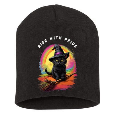 Ride With Pride Queer Witchy Lgbt Rainbow Cat Meme Halloween Short Acrylic Beanie