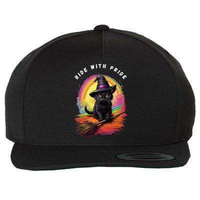 Ride With Pride Queer Witchy Lgbt Rainbow Cat Meme Halloween Wool Snapback Cap