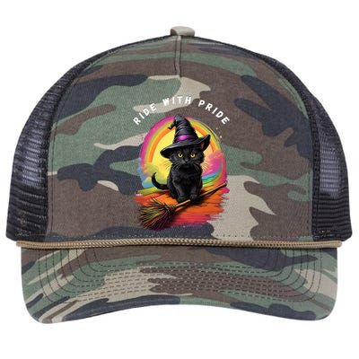 Ride With Pride Queer Witchy Lgbt Rainbow Cat Meme Halloween Retro Rope Trucker Hat Cap