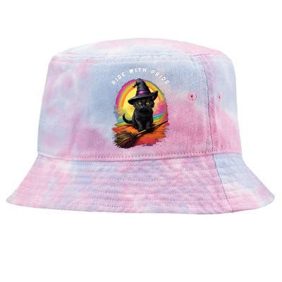 Ride With Pride Queer Witchy Lgbt Rainbow Cat Meme Halloween Tie-Dyed Bucket Hat