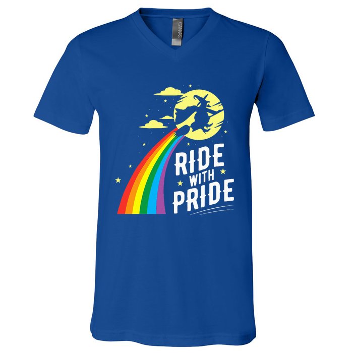 Ride With Pride LGBT Gay Lesbian Witch Halloween V-Neck T-Shirt