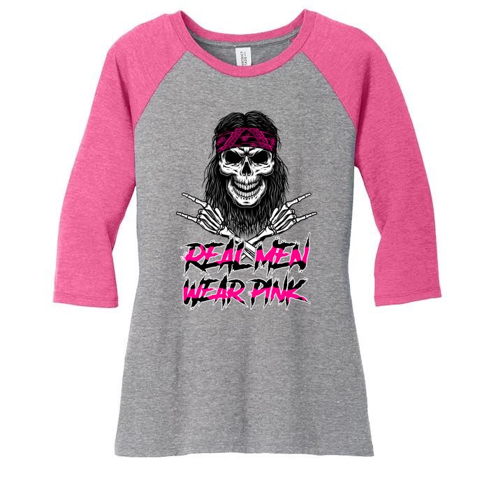 Real Men Wear Pink Breast Cancer Awareness Skull Women's Tri-Blend 3/4-Sleeve Raglan Shirt