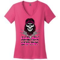 Real Men Wear Pink Breast Cancer Awareness Skull Women's V-Neck T-Shirt