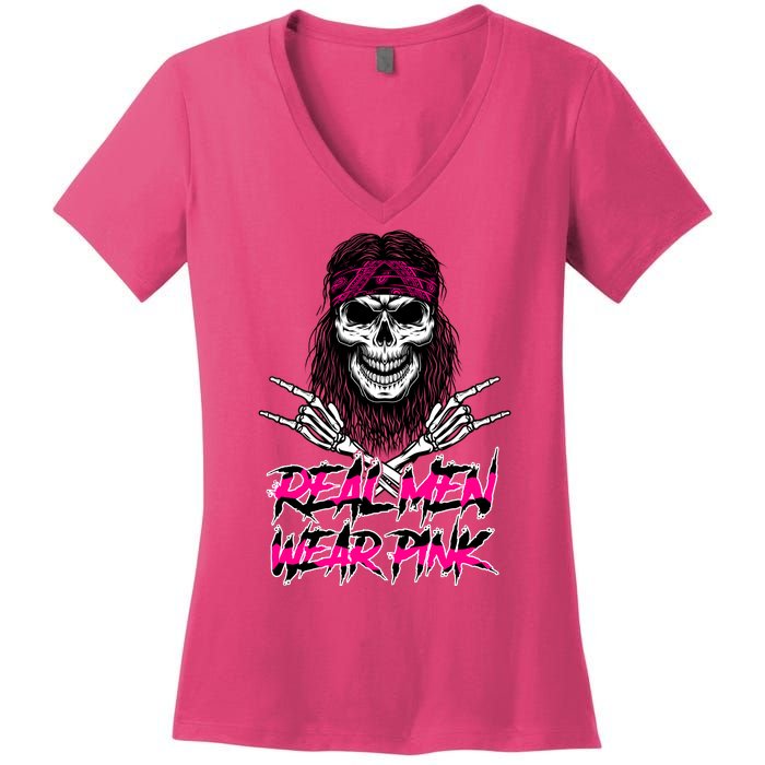 Real Men Wear Pink Breast Cancer Awareness Skull Women's V-Neck T-Shirt