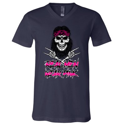 Real Men Wear Pink Breast Cancer Awareness Skull V-Neck T-Shirt